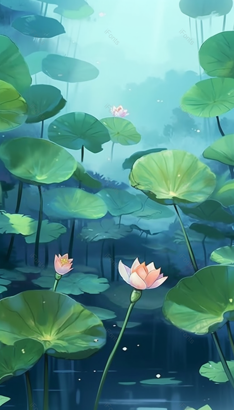 唯美治愈荷花荷叶绿色插画背景,插画/手绘图,插画/手绘图库,插画/手绘图下载,插画/手绘
